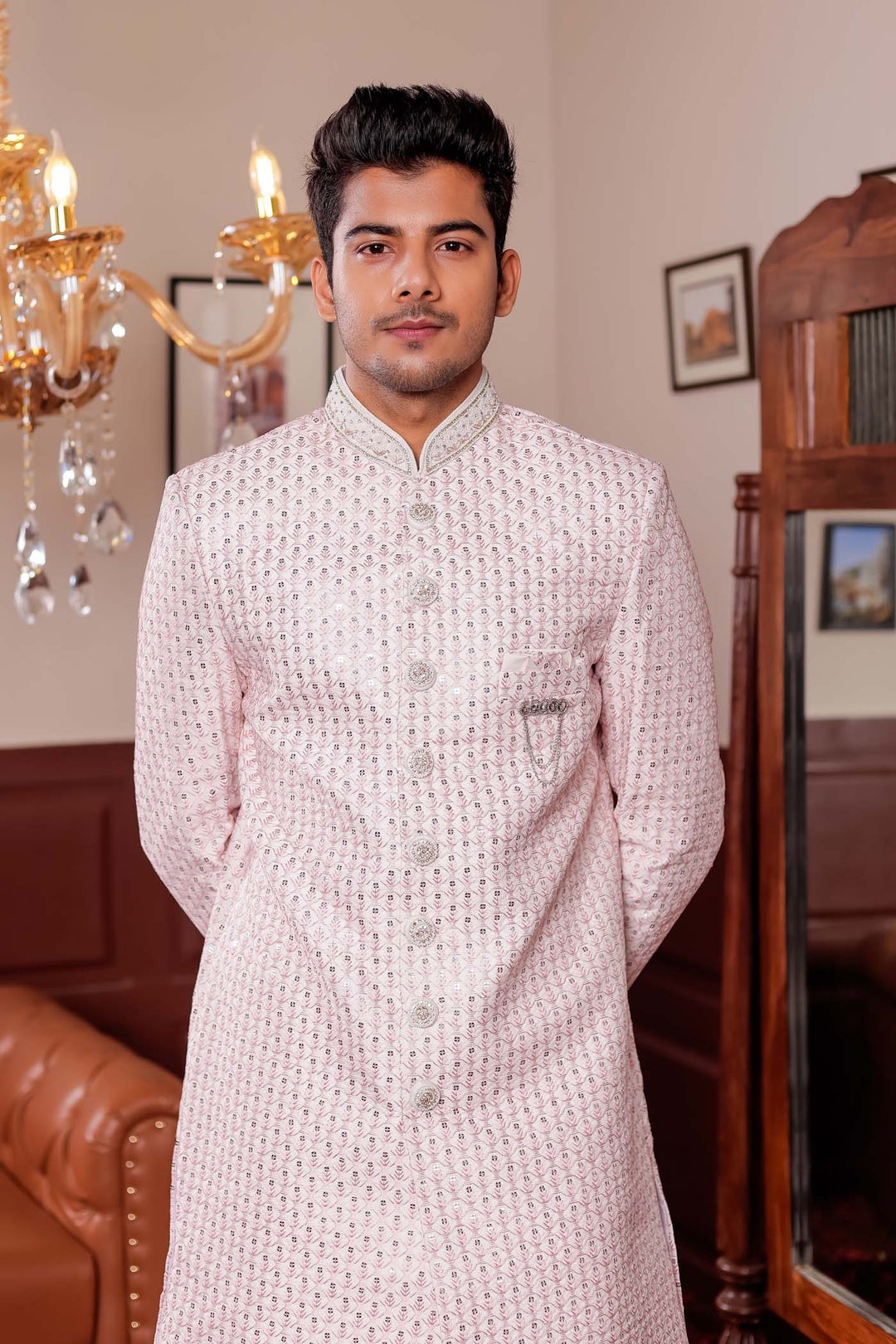 Light Peach Lucknowi Silk Indo-western Suit With Resham Thread Work.