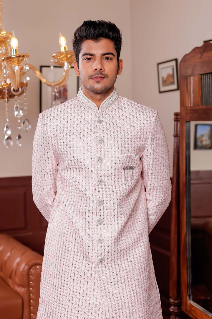 Light Peach Lucknowi Silk Indo-western Suit With Resham Thread Work.