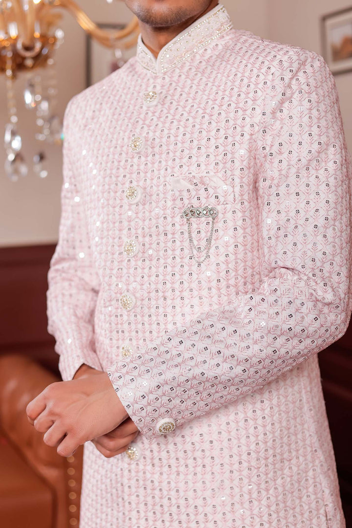 Light Peach Lucknowi Silk Indo-western Suit With Resham Thread Work.