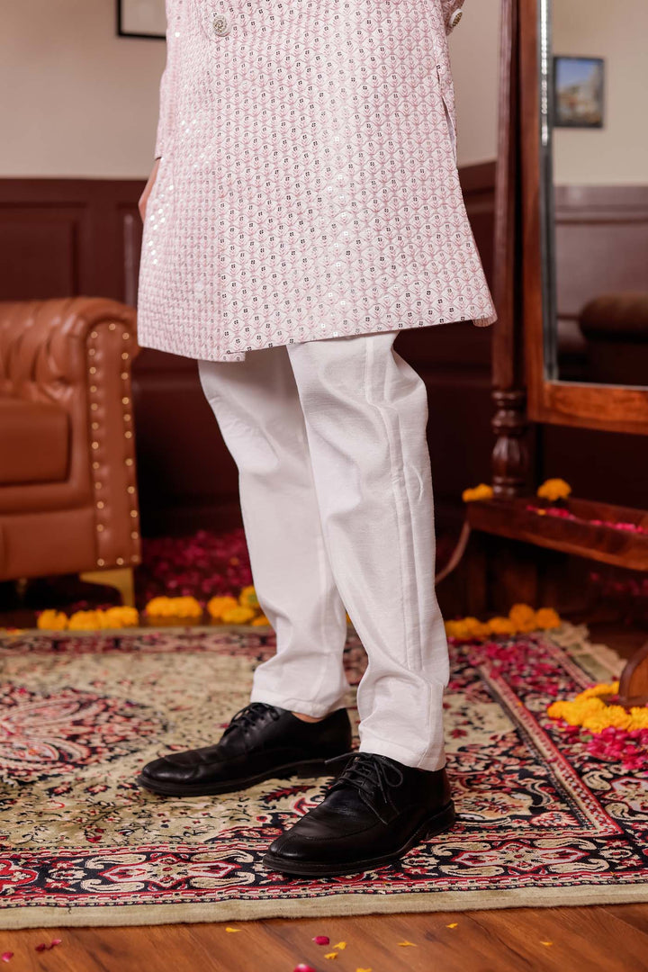 Light Peach Lucknowi Silk Indo-western Suit With Resham Thread Work.