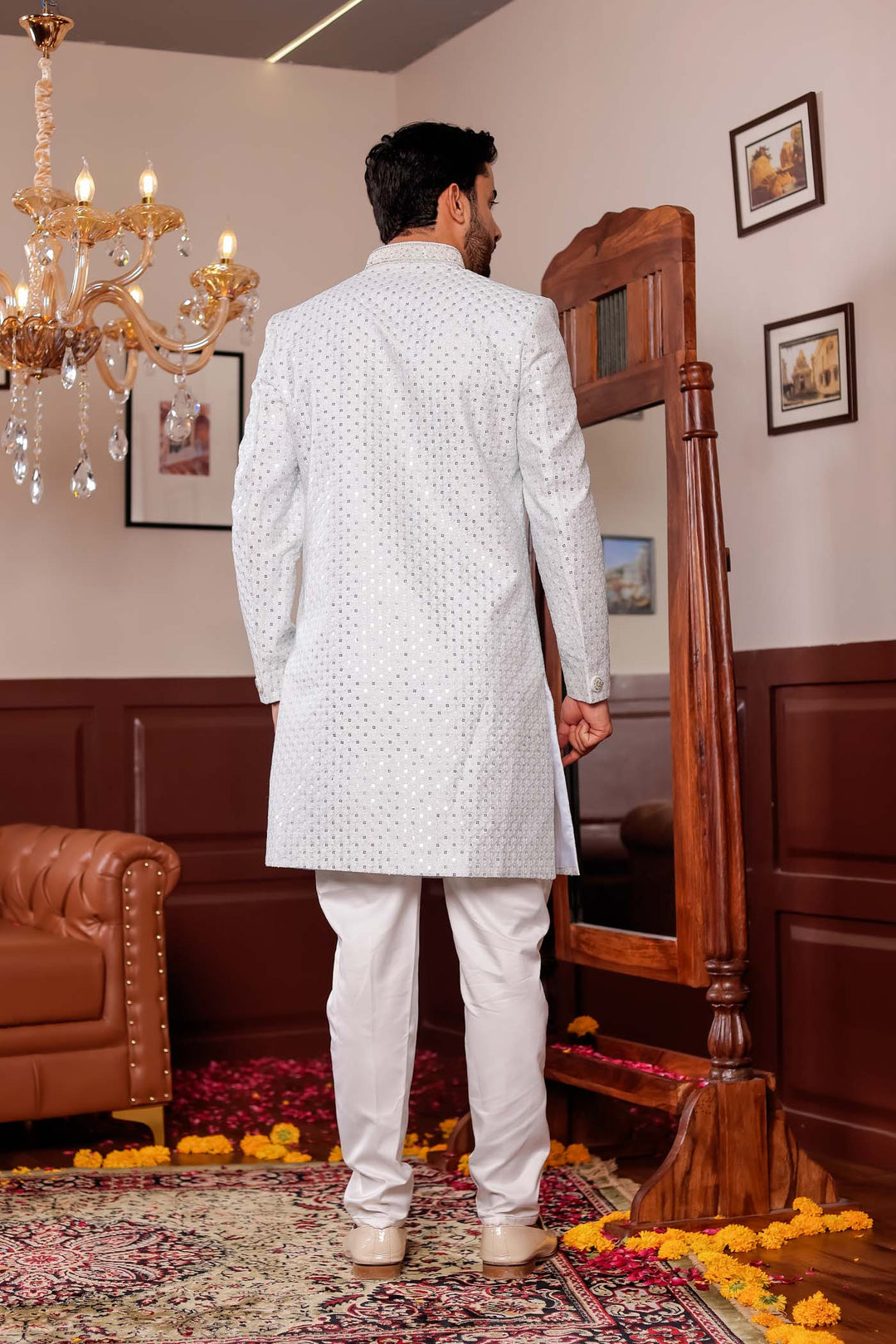 Light Blue Lucknowi Silk Indo-western Suit With Resham Thread Work