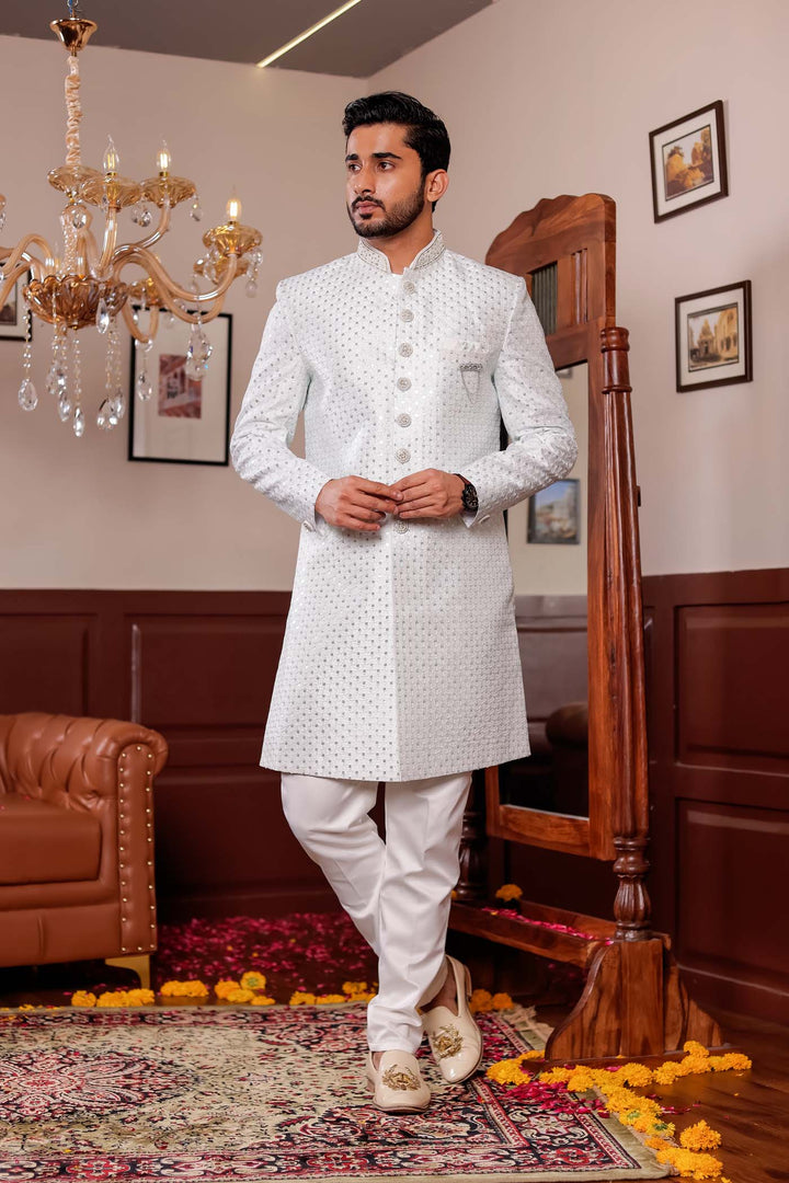 Light Blue Lucknowi Silk Indo-western Suit With Resham Thread Work
