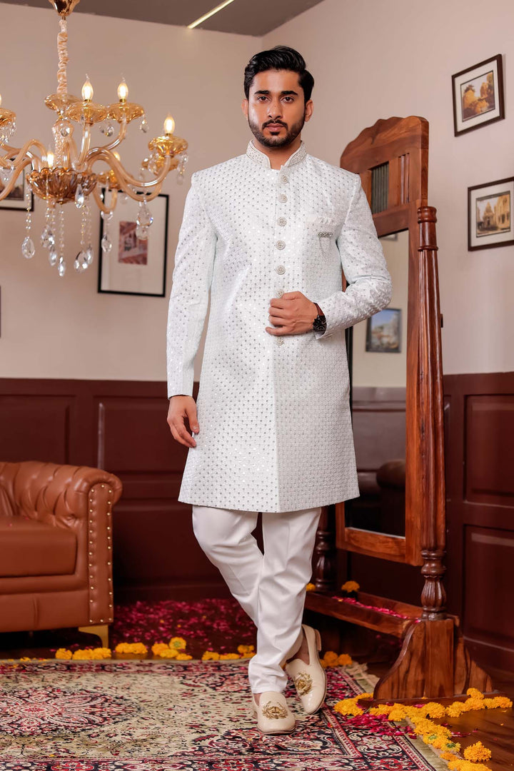 Light Blue Lucknowi Silk Indo-western Suit With Resham Thread Work