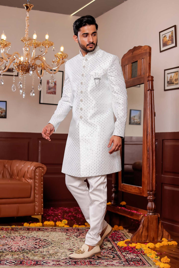 Light Blue Lucknowi Silk Indo-western Suit With Resham Thread Work