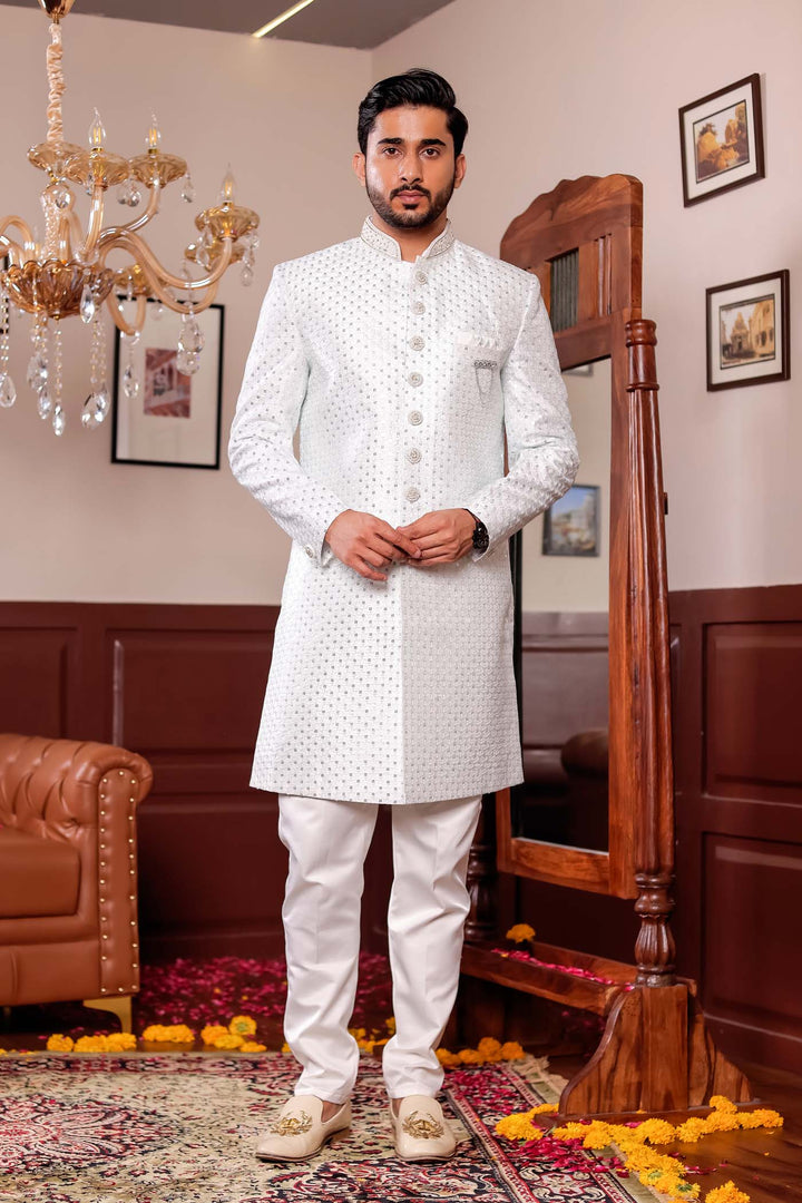 Light Blue Lucknowi Silk Indo-western Suit With Resham Thread Work