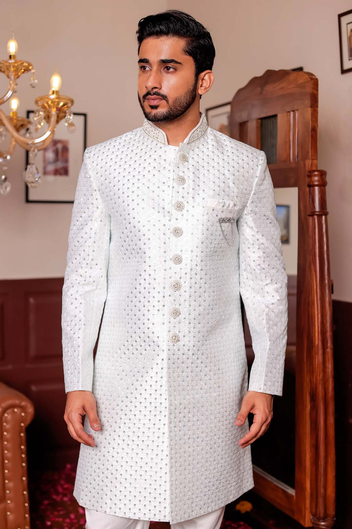 Light Blue Lucknowi Silk Indo-western Suit With Resham Thread Work