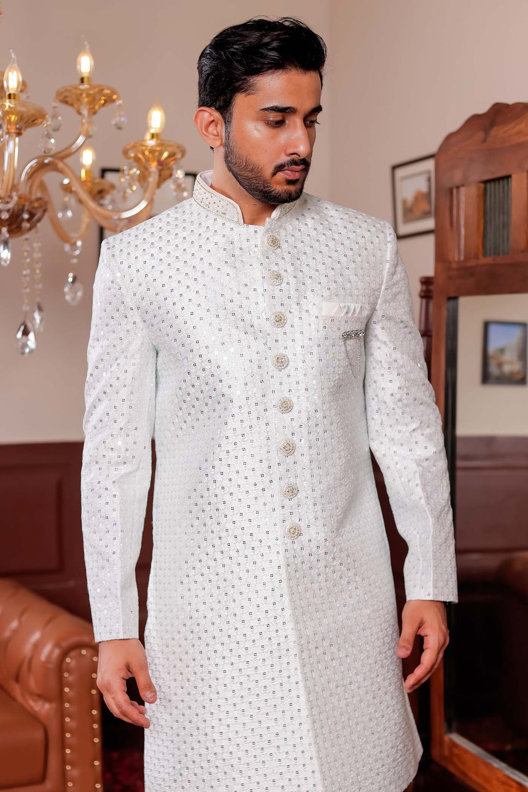 Light Blue Lucknowi Silk Indo-western Suit With Resham Thread Work