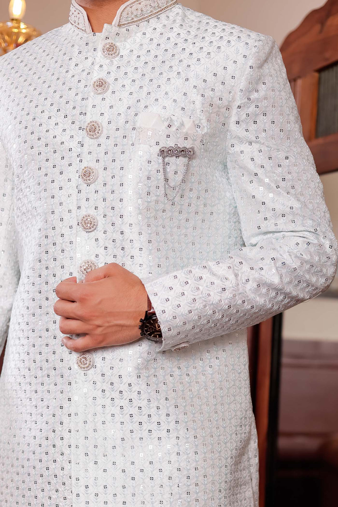 Light Blue Lucknowi Silk Indo-western Suit With Resham Thread Work