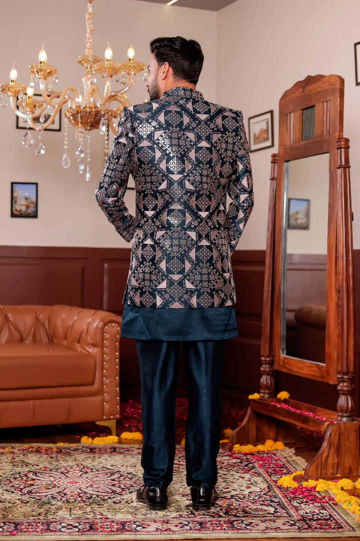 Bottle Green Open Jacket Style Indo-western Suit with Kurta