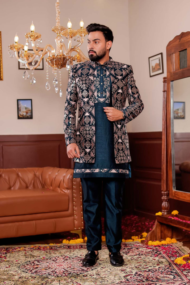 Bottle Green Open Jacket Style Indo-western Suit with Kurta