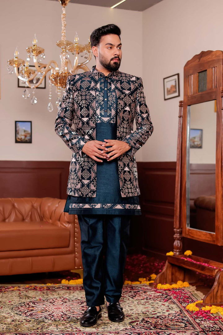 Bottle Green Open Jacket Style Indo-western Suit with Kurta
