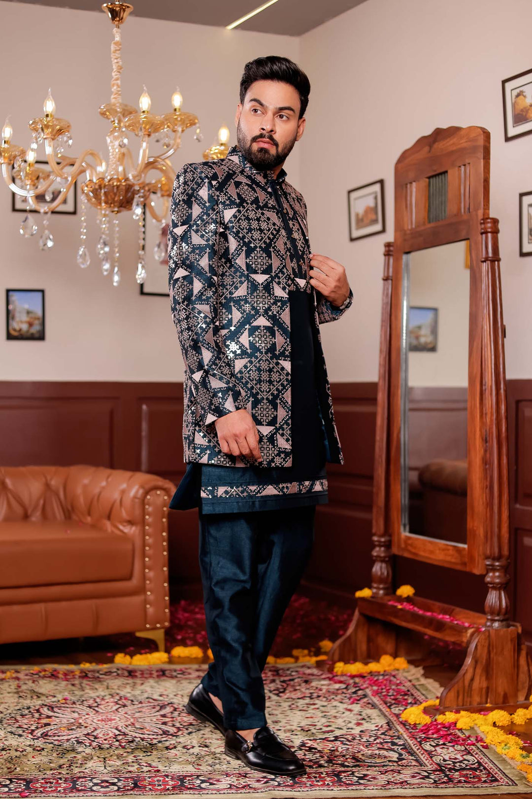 Bottle Green Open Jacket Style Indo-western Suit with Kurta