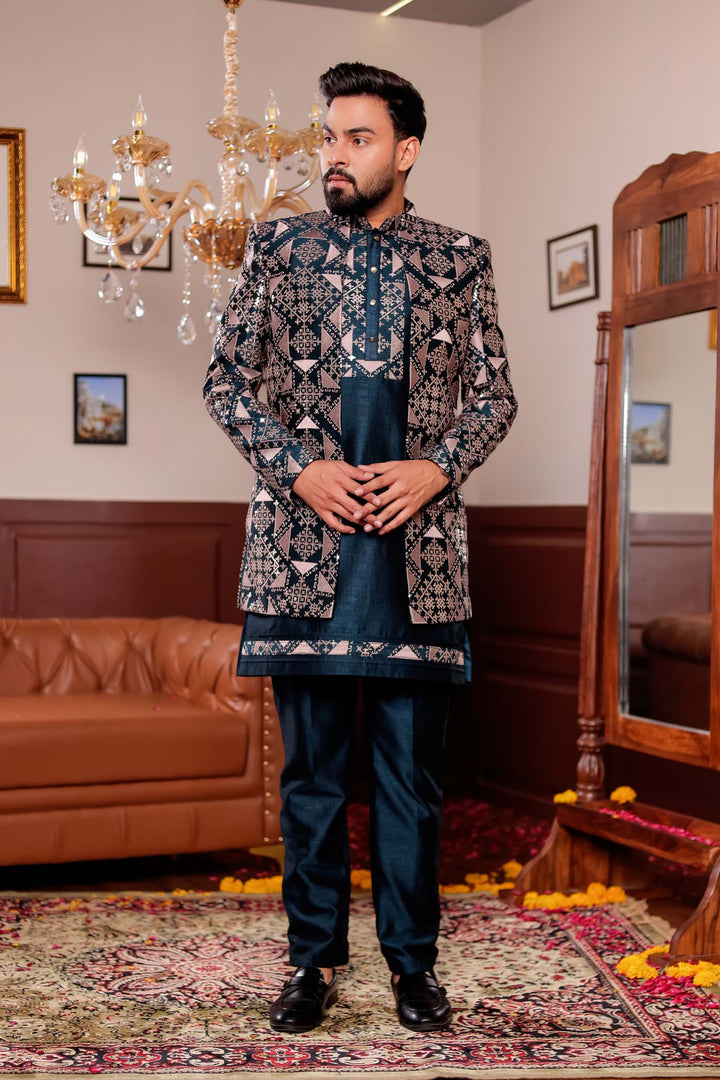 Bottle Green Open Jacket Style Indo-western Suit with Kurta