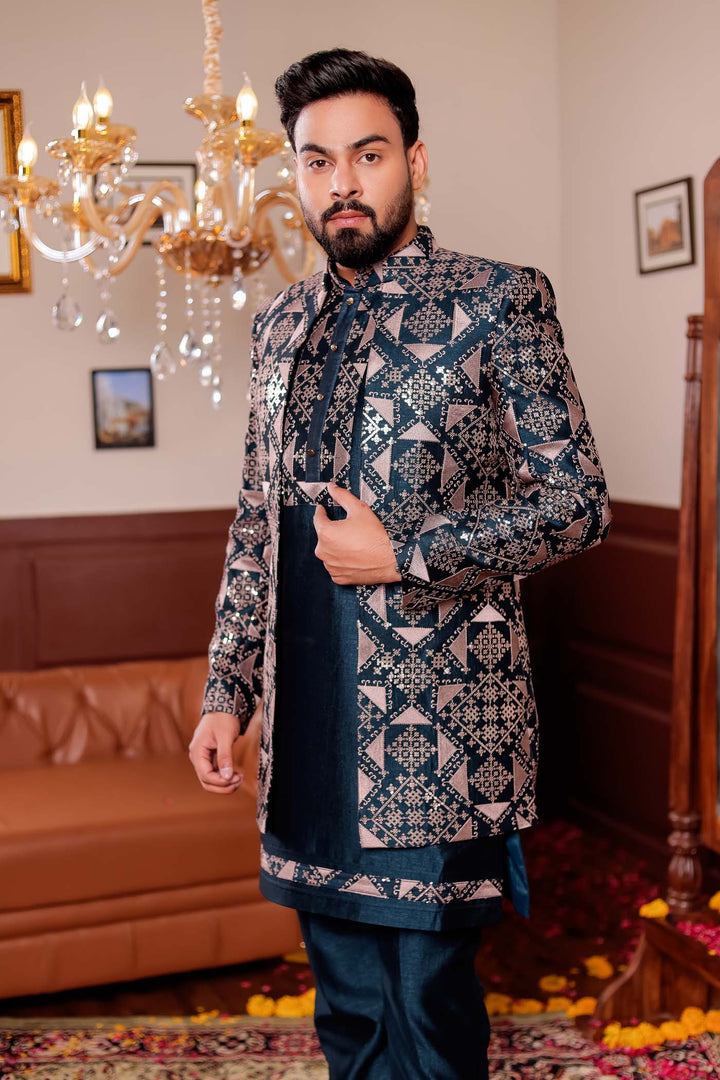 Bottle Green Open Jacket Style Indo-western Suit with Kurta