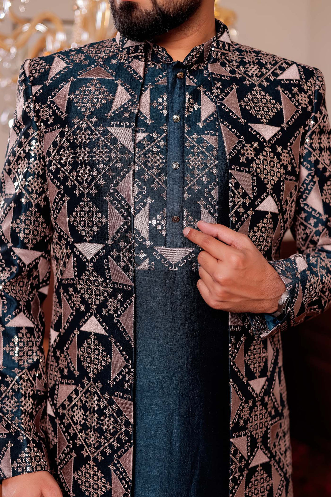 Bottle Green Open Jacket Style Indo-western Suit with Kurta