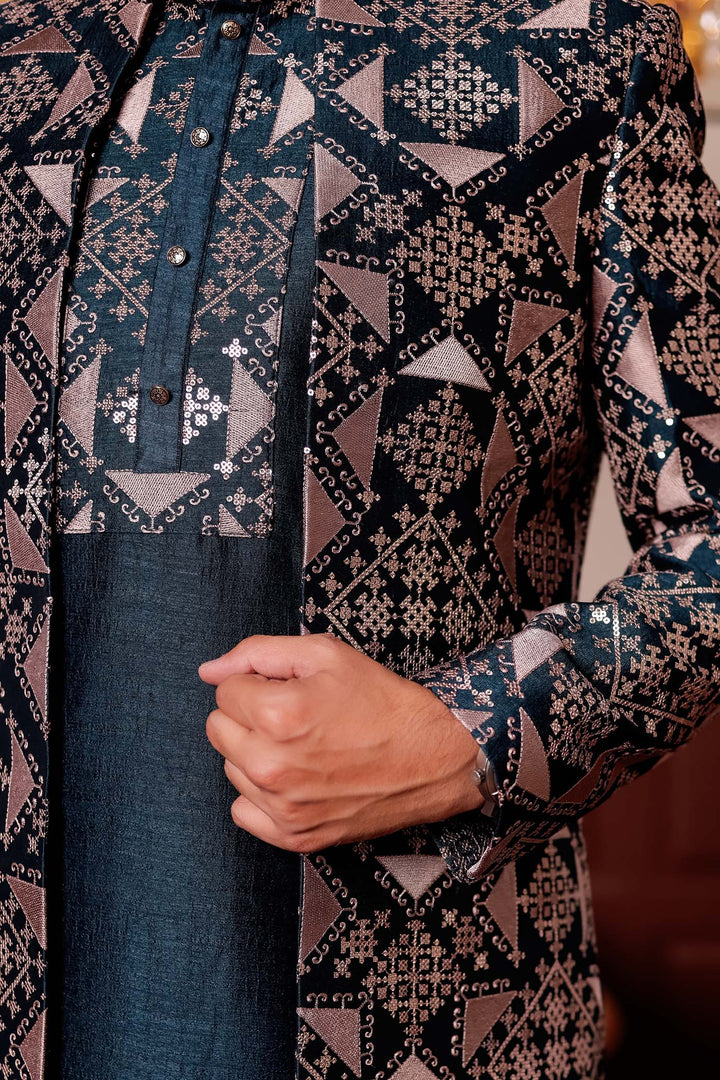 Bottle Green Open Jacket Style Indo-western Suit with Kurta