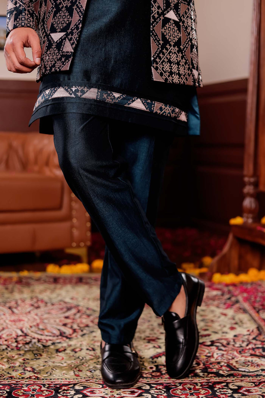 Bottle Green Open Jacket Style Indo-western Suit with Kurta