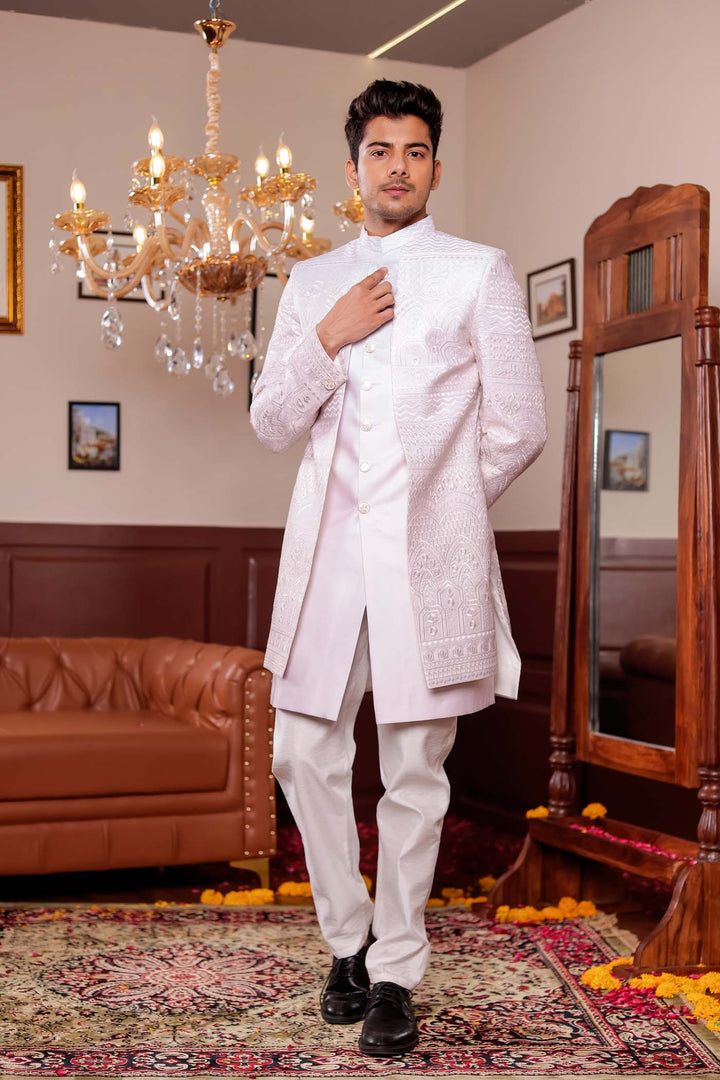 Beige Lucknowi Silk Jacket Style Indo-wester Suit.