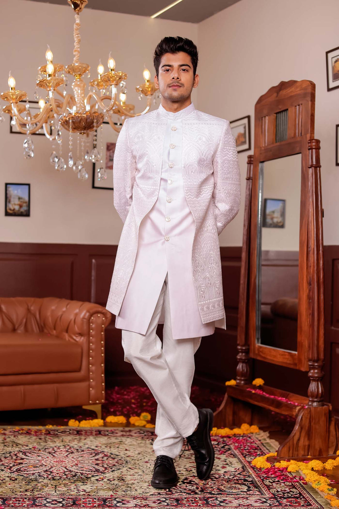 Beige Lucknowi Silk Jacket Style Indo-wester Suit.