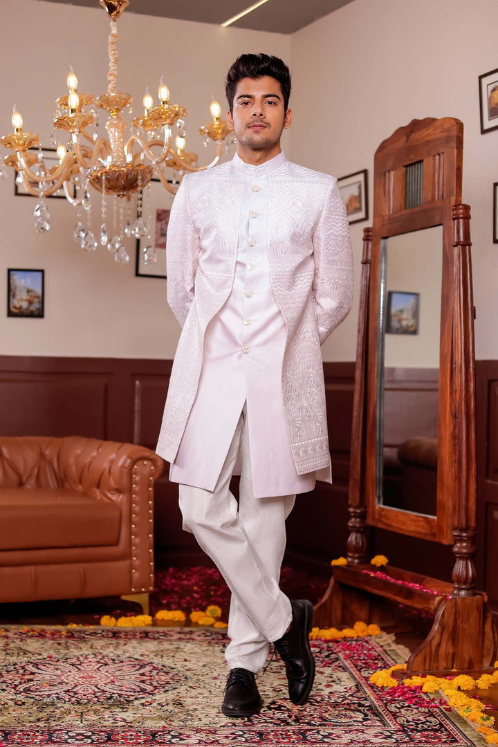 Beige Lucknowi Silk Jacket Style Indo-wester Suit.
