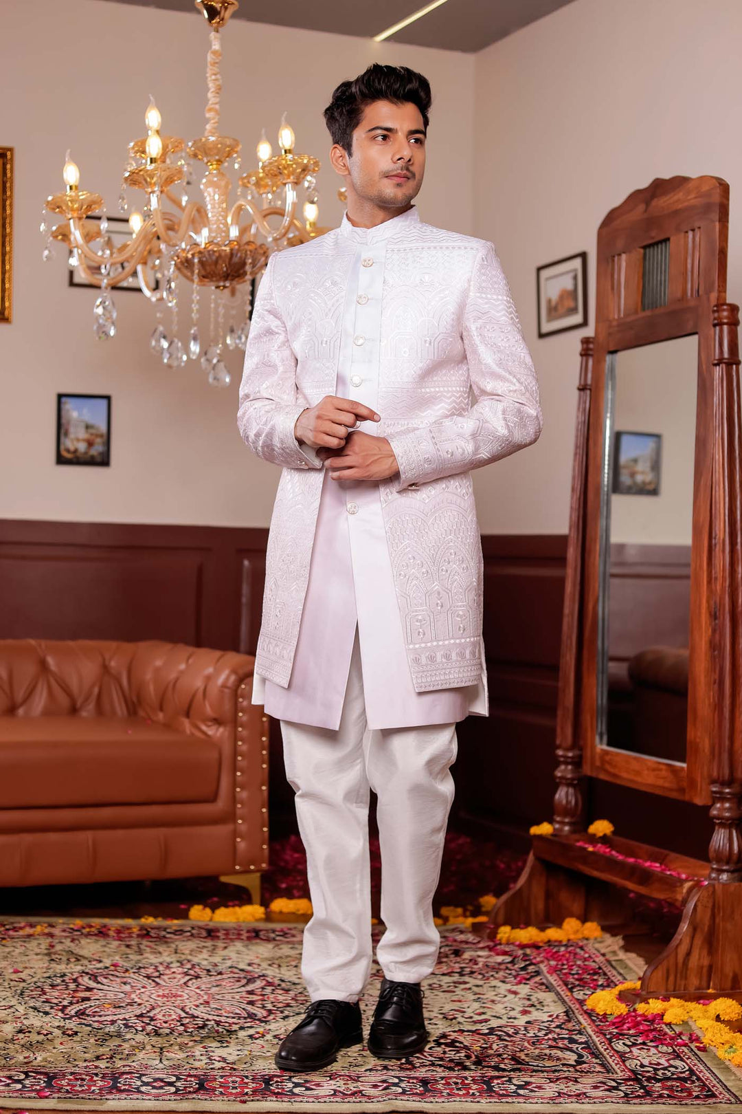 Beige Lucknowi Silk Jacket Style Indo-wester Suit.