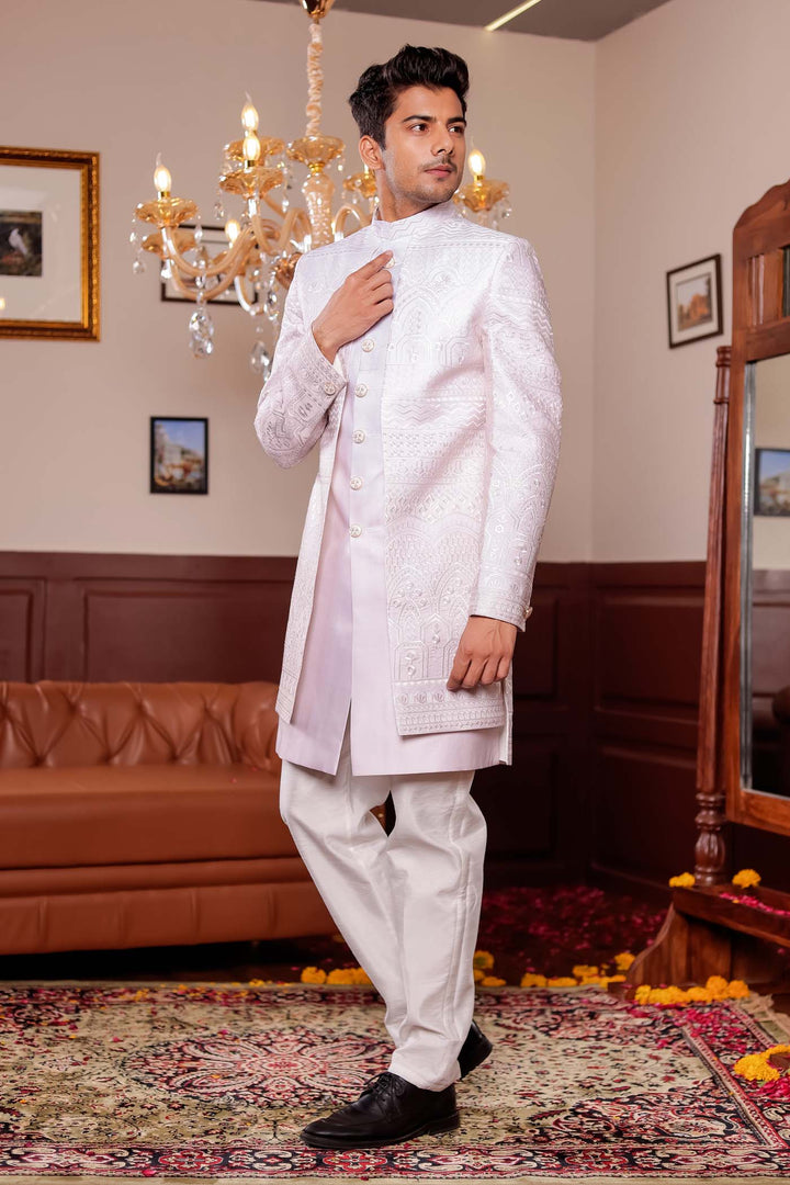 Beige Lucknowi Silk Jacket Style Indo-wester Suit.