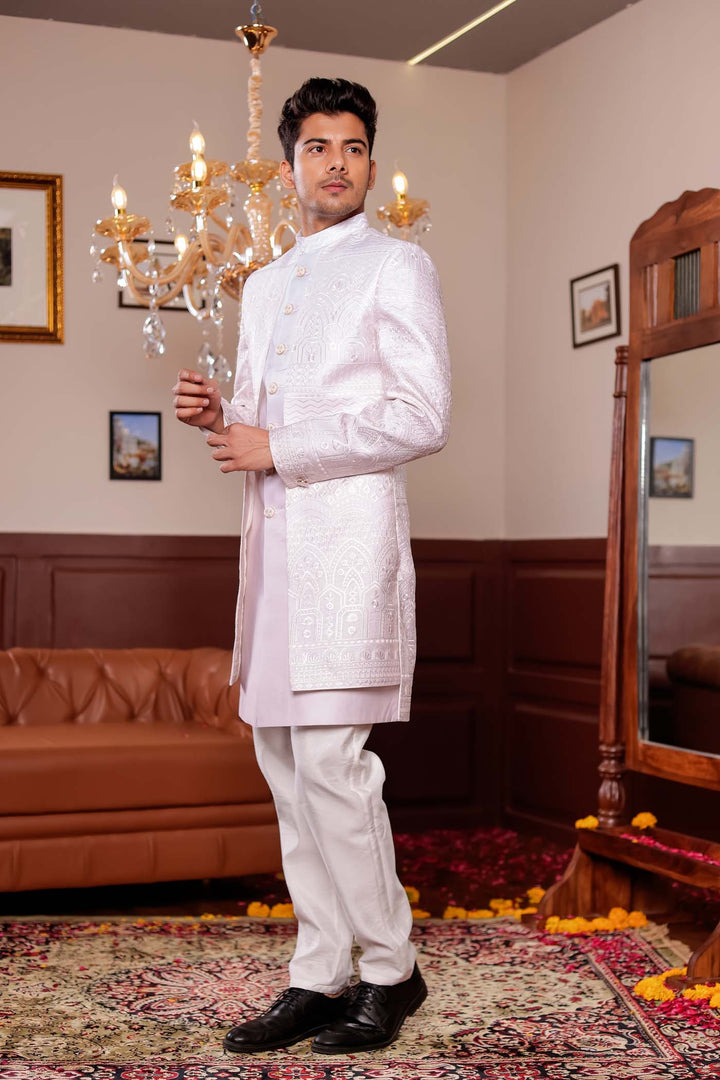 Beige Lucknowi Silk Jacket Style Indo-wester Suit.
