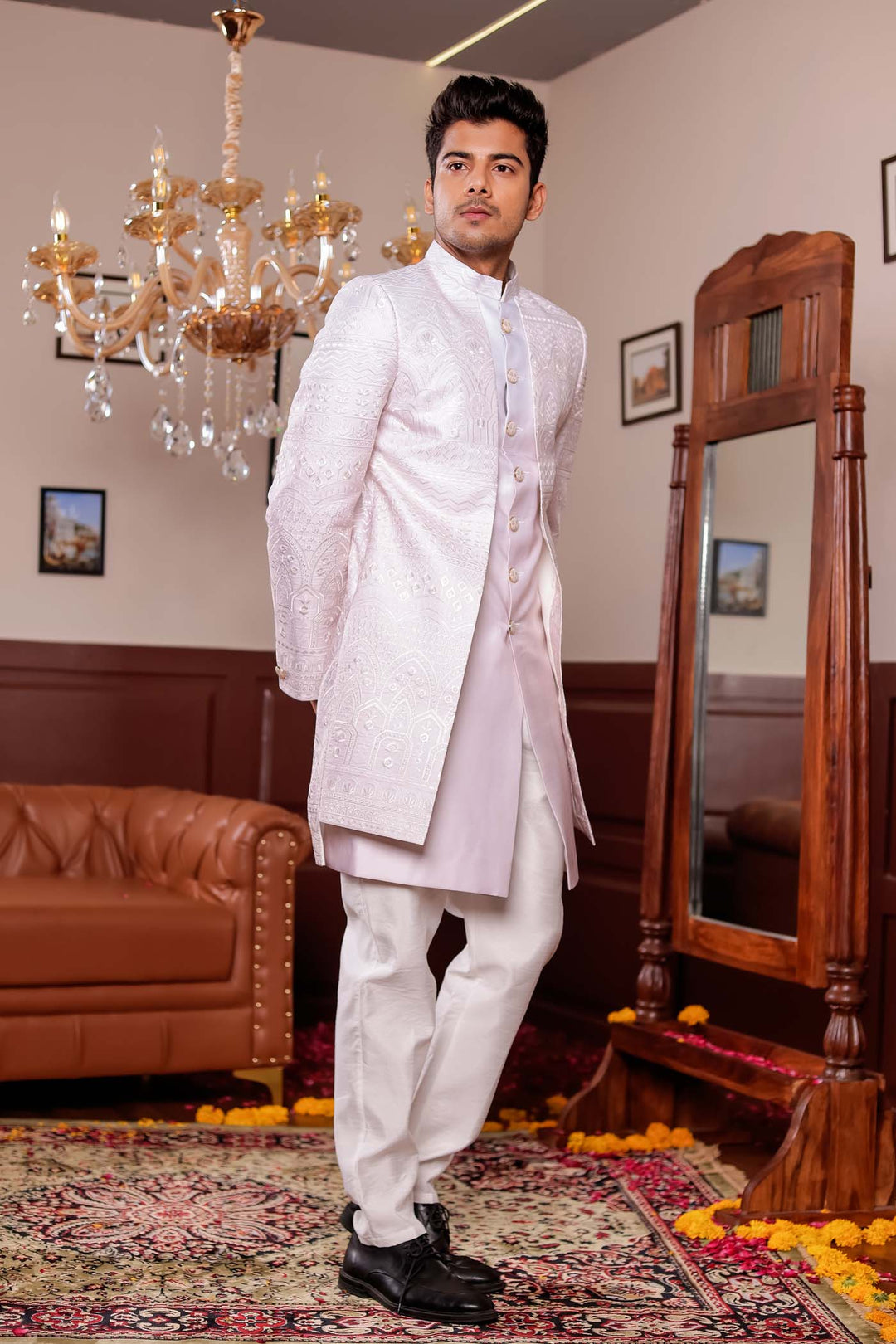 Beige Lucknowi Silk Jacket Style Indo-wester Suit.