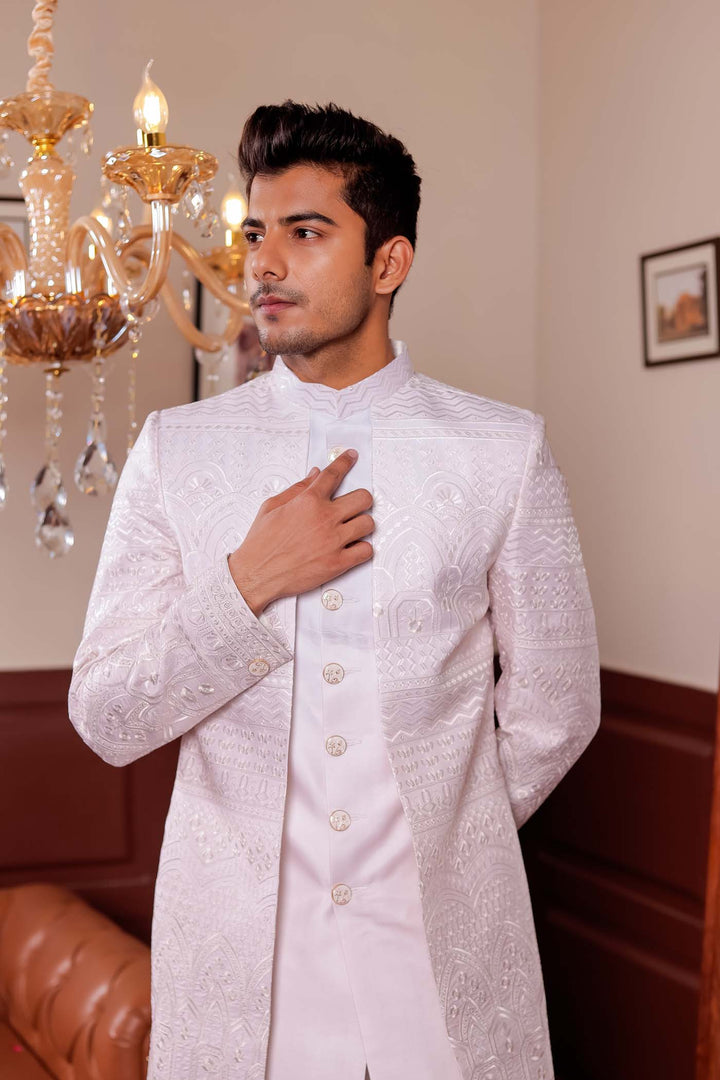 Beige Lucknowi Silk Jacket Style Indo-wester Suit.