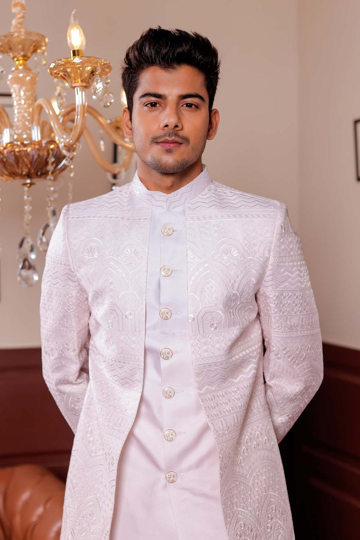 Beige Lucknowi Silk Jacket Style Indo-wester Suit.