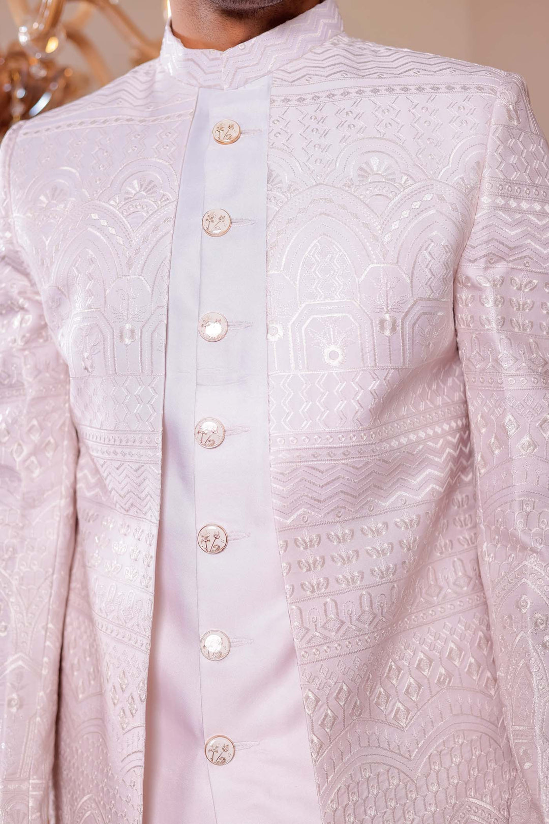 Beige Lucknowi Silk Jacket Style Indo-wester Suit.