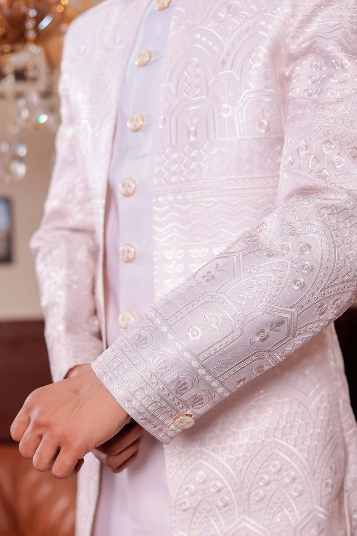 Beige Lucknowi Silk Jacket Style Indo-wester Suit.