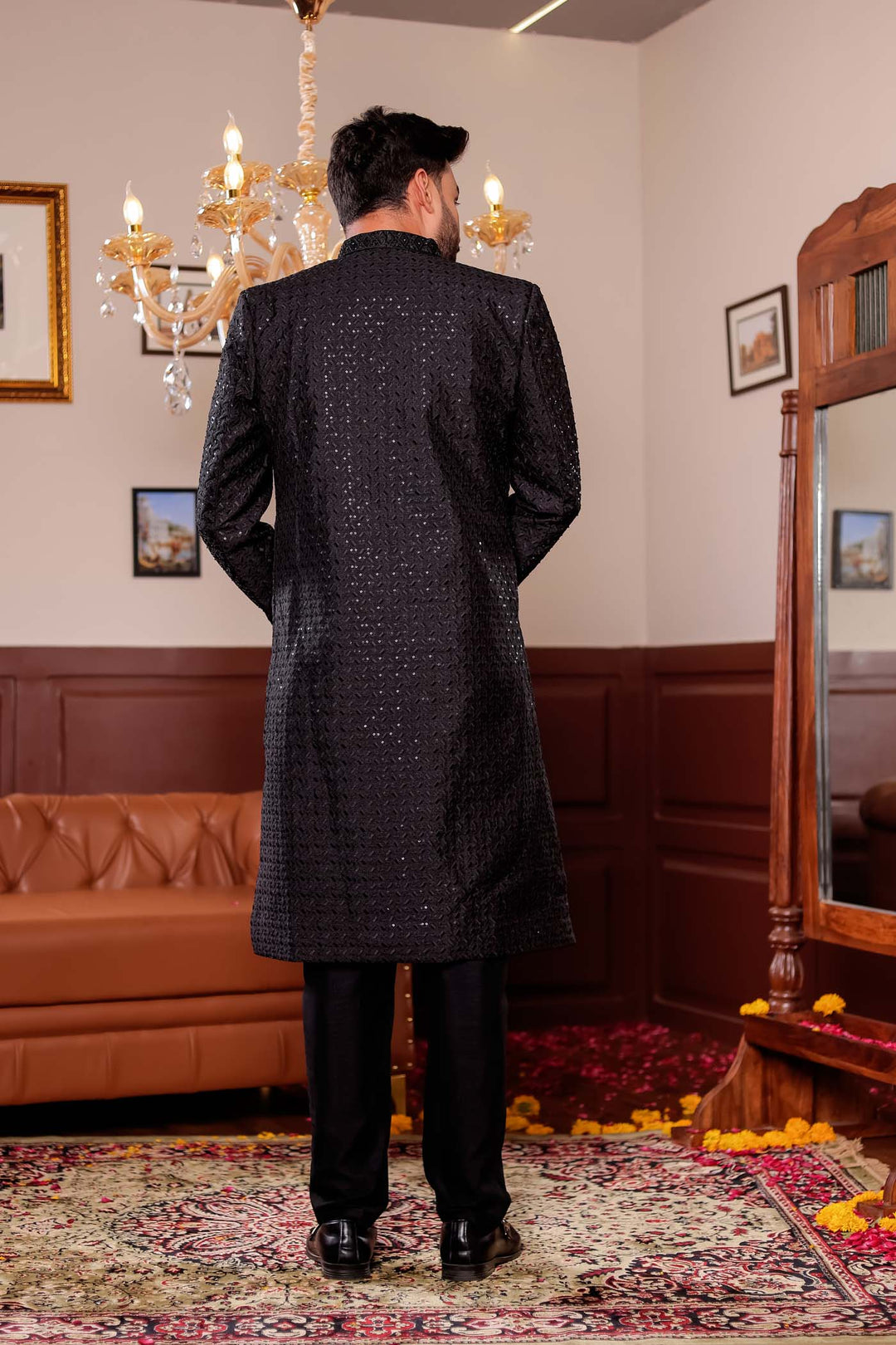Black Lucknowi Silk Jacket Style Indo-wester Suit with Embroidery All over.
