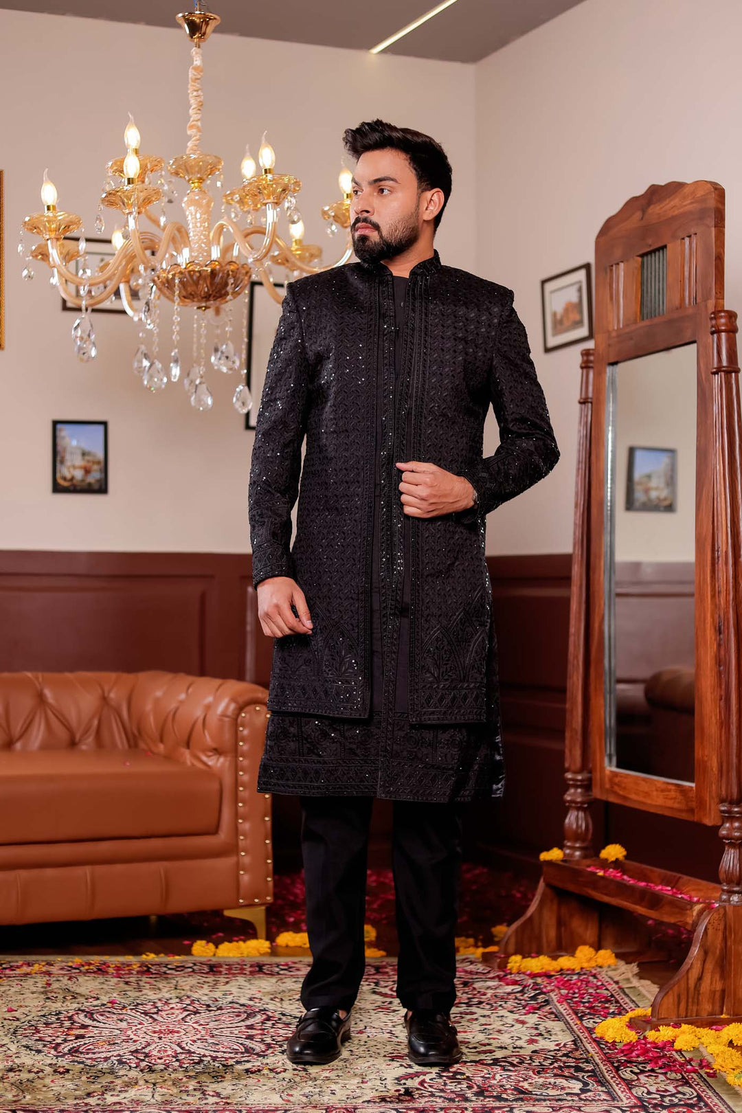 Black Lucknowi Silk Jacket Style Indo-wester Suit with Embroidery All over.