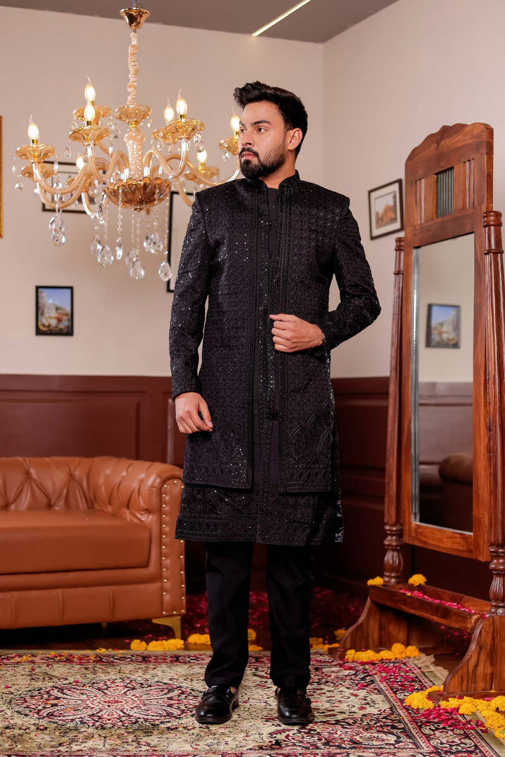 Black Lucknowi Silk Jacket Style Indo-wester Suit with Embroidery All over.