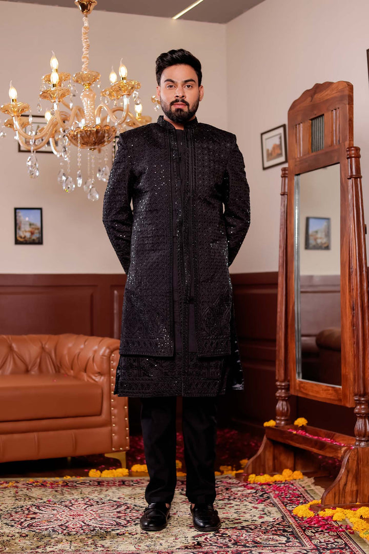 Black Lucknowi Silk Jacket Style Indo-wester Suit with Embroidery All over.