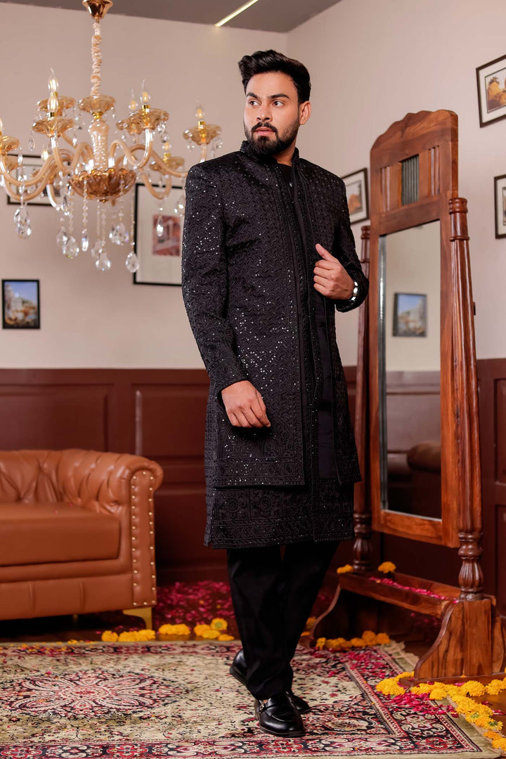 Black Lucknowi Silk Jacket Style Indo-wester Suit with Embroidery All over.