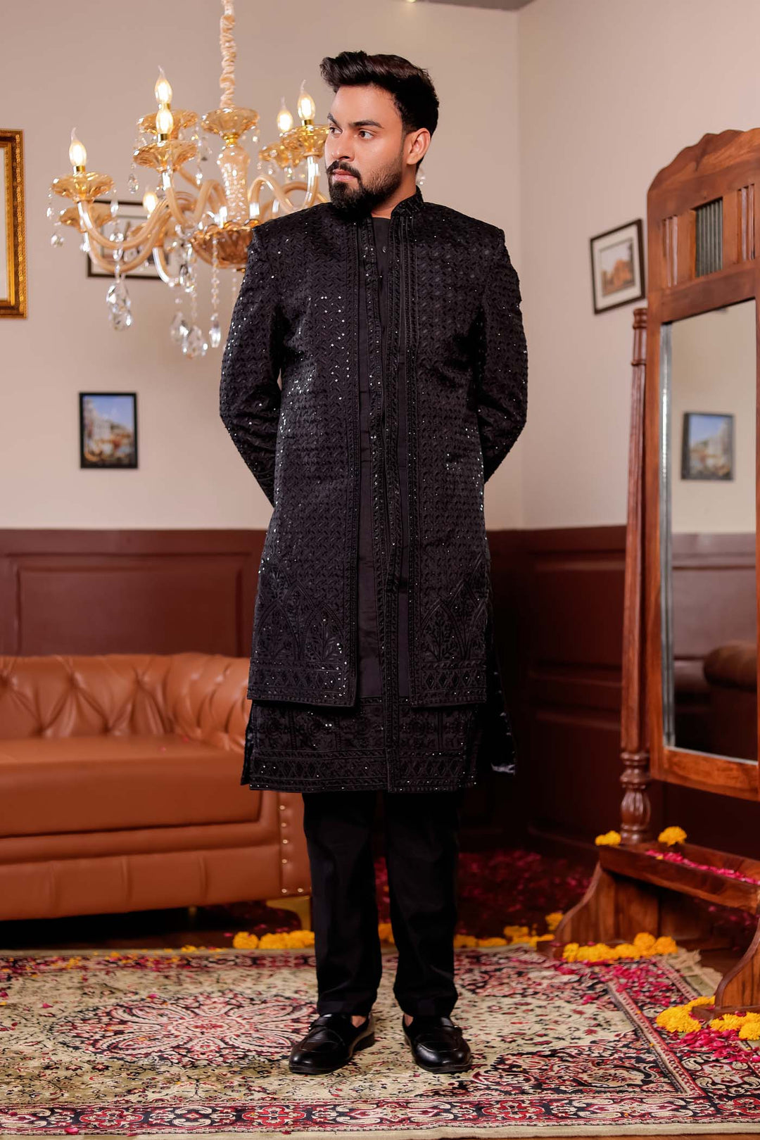 Black Lucknowi Silk Jacket Style Indo-wester Suit with Embroidery All over.