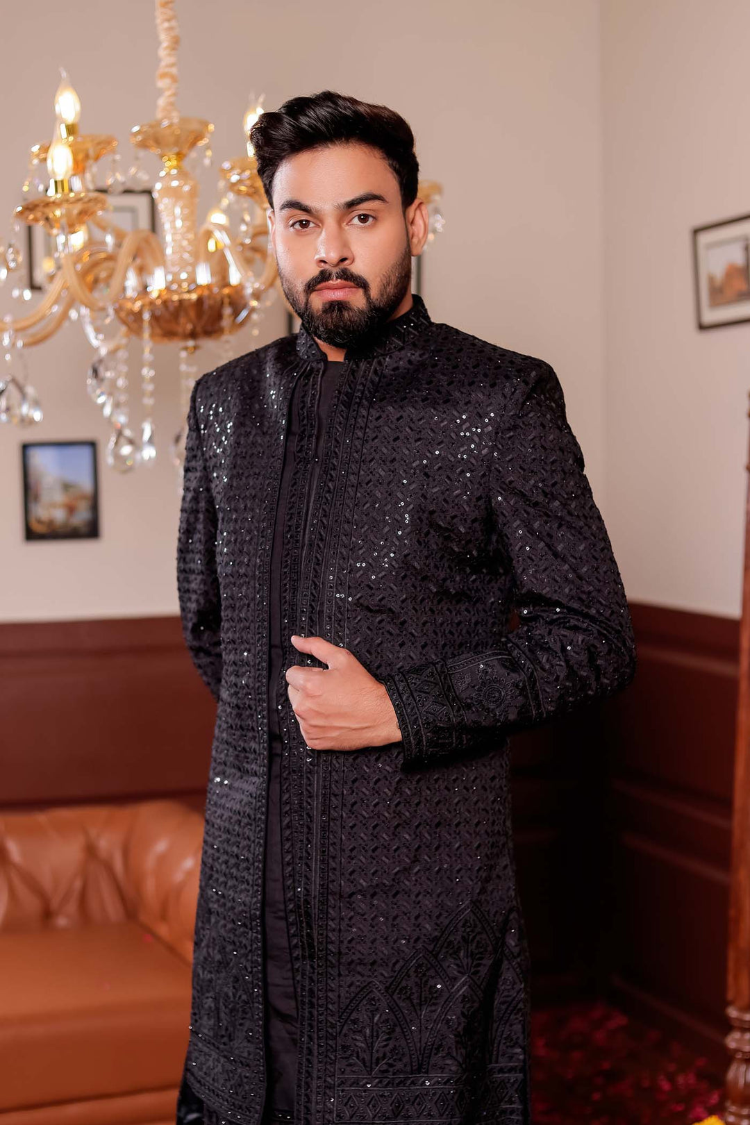Black Lucknowi Silk Jacket Style Indo-wester Suit with Embroidery All over.