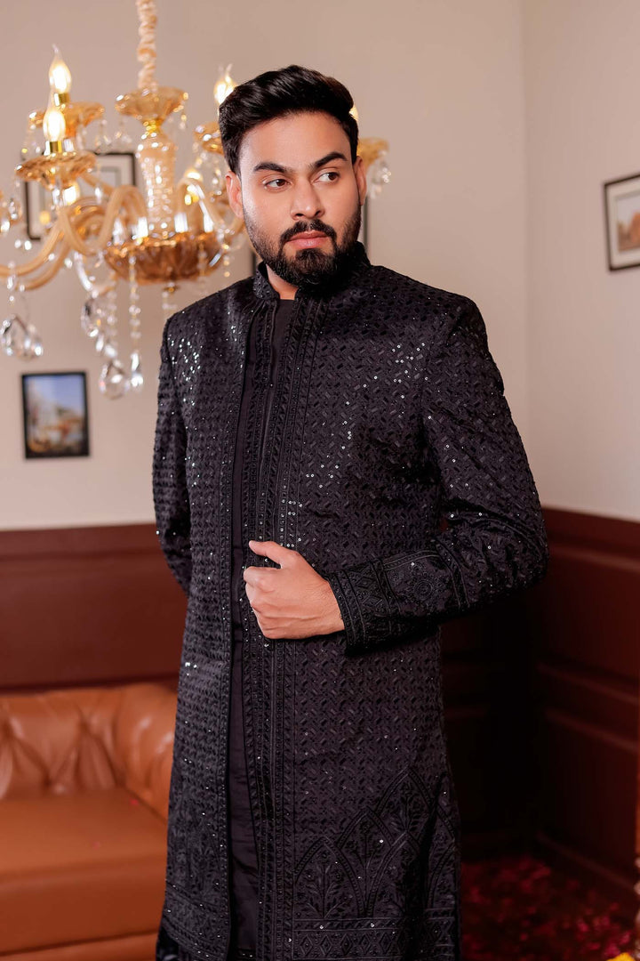 Black Lucknowi Silk Jacket Style Indo-wester Suit with Embroidery All over.