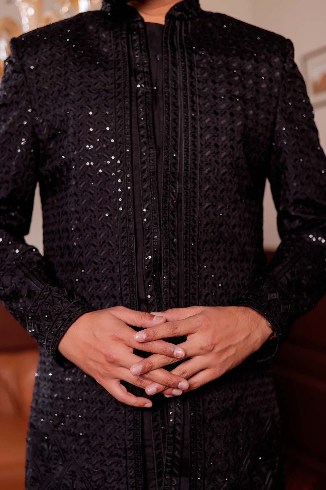 Black Lucknowi Silk Jacket Style Indo-wester Suit with Embroidery All over.
