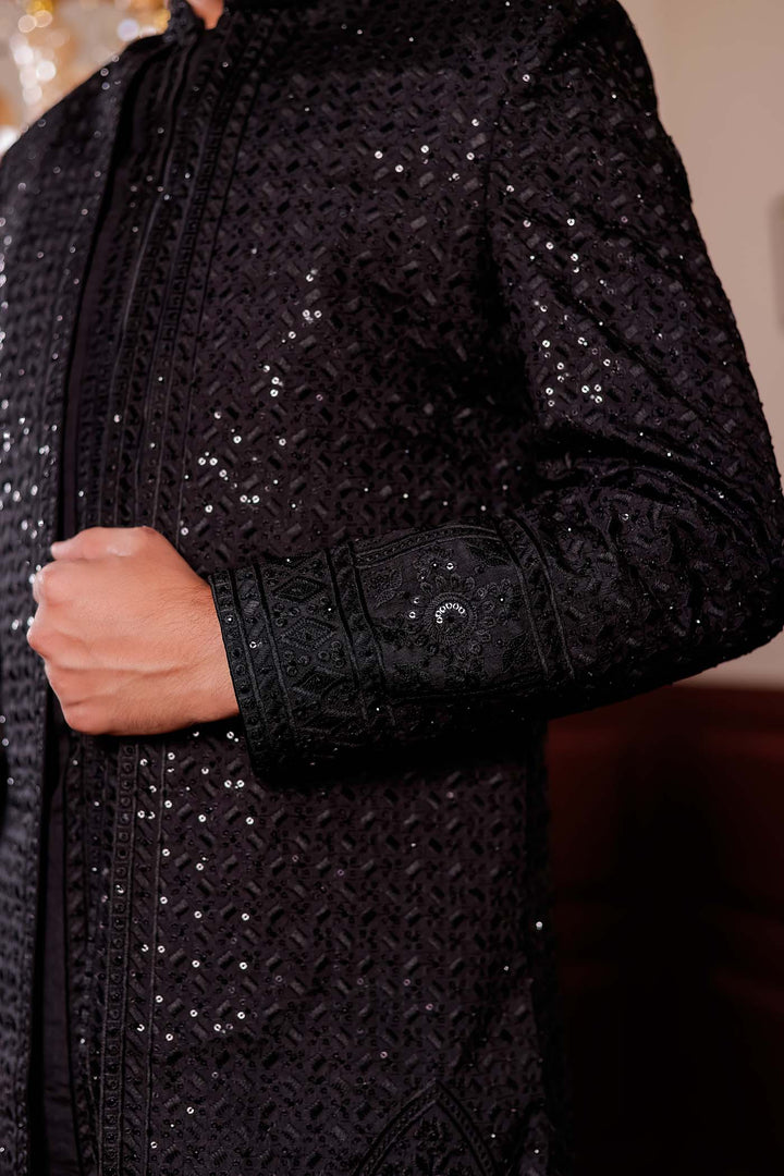 Black Lucknowi Silk Jacket Style Indo-wester Suit with Embroidery All over.