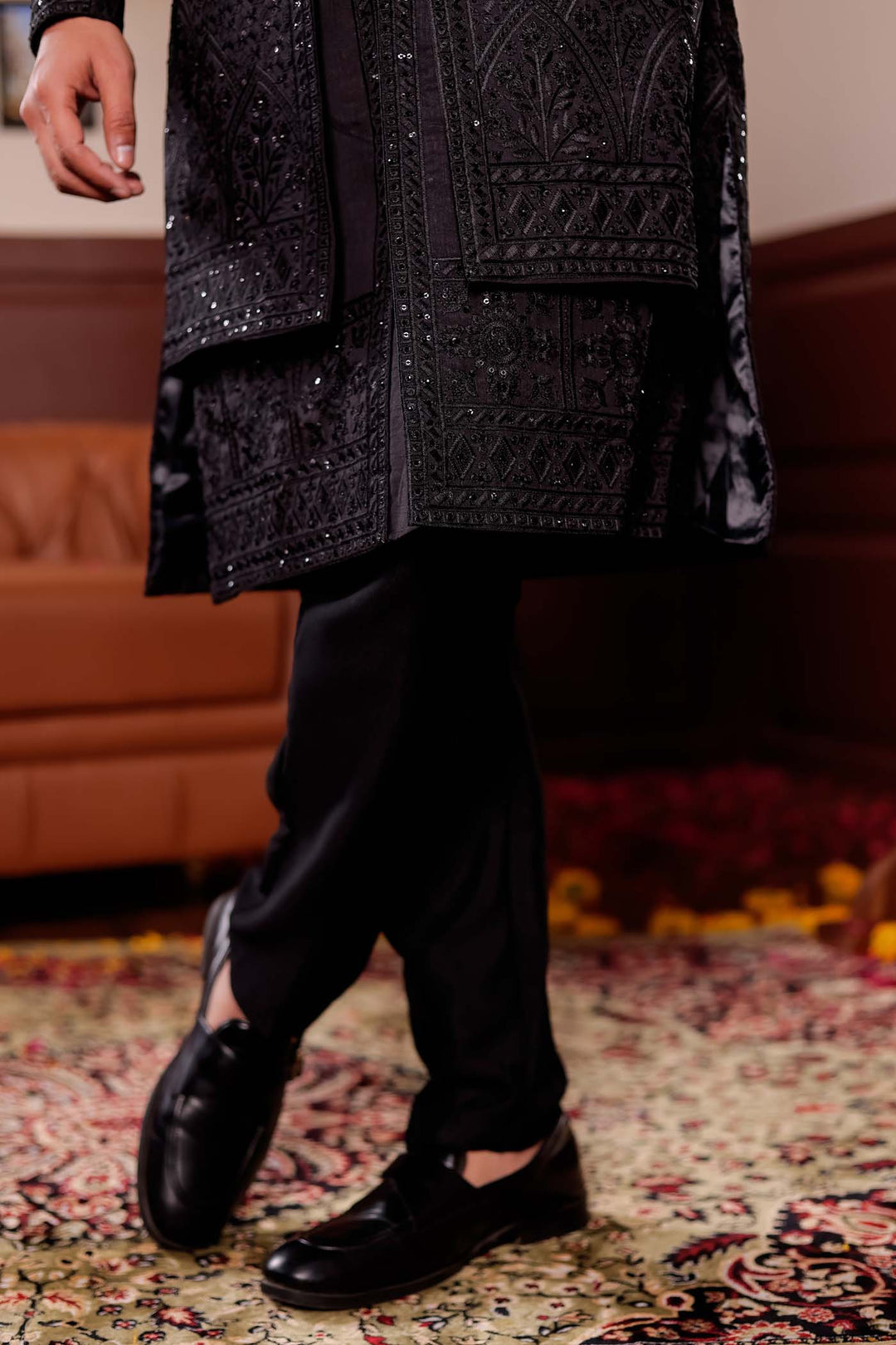 Black Lucknowi Silk Jacket Style Indo-wester Suit with Embroidery All over.