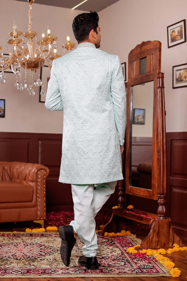 Light Blue Jacket Style Indo-western suit with resham thread Embroidery