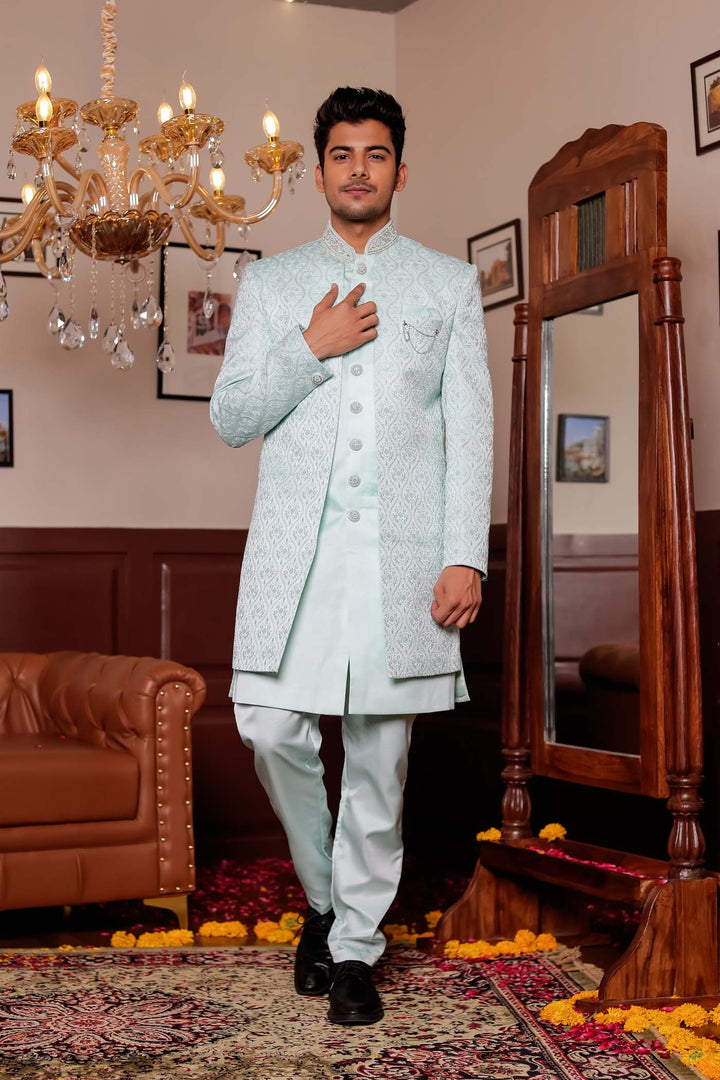 Light Blue Jacket Style Indo-western suit with resham thread Embroidery