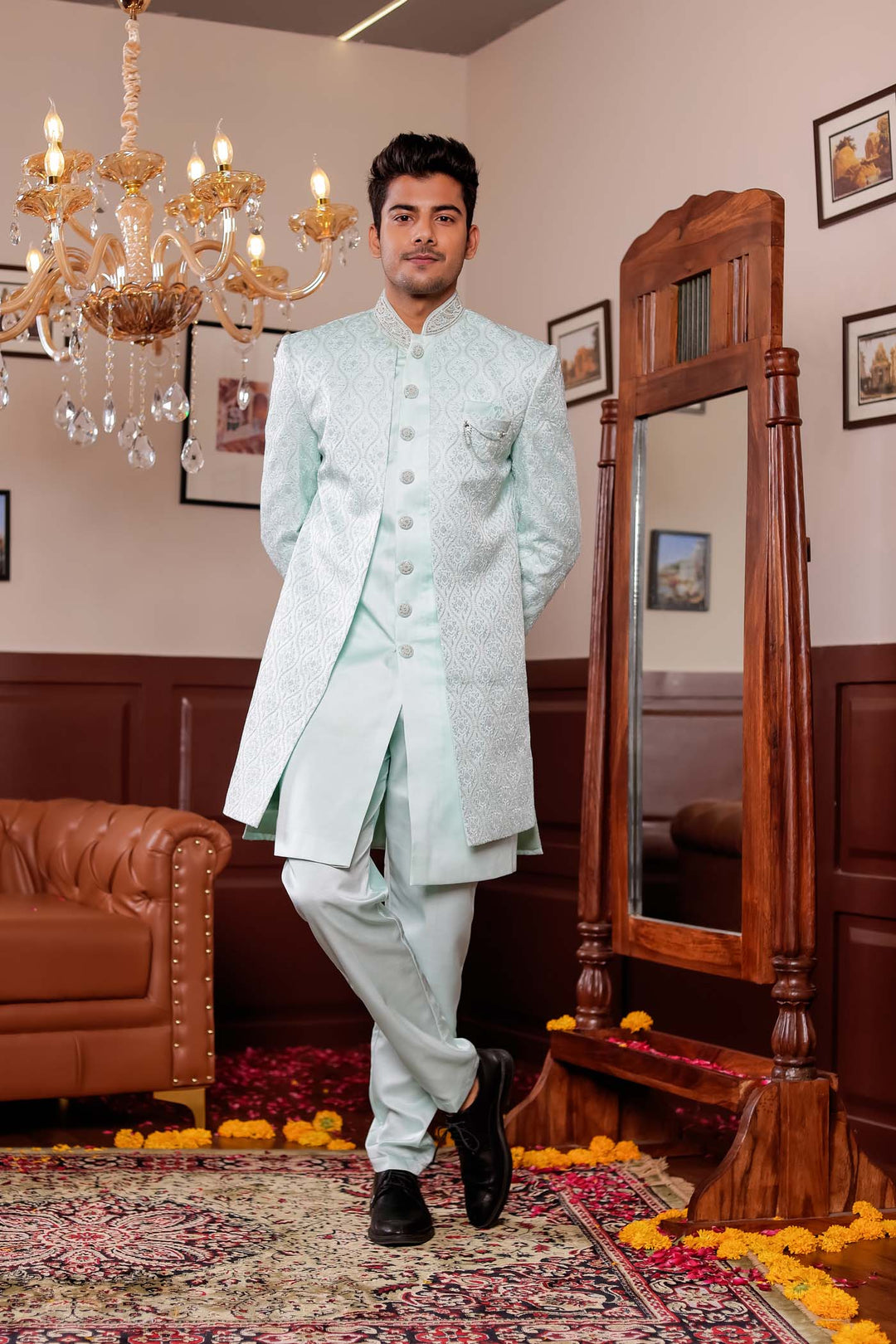 Light Blue Jacket Style Indo-western suit with resham thread Embroidery