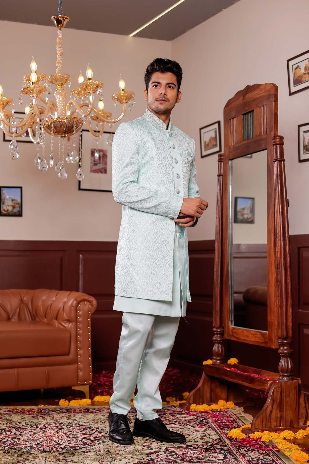 Light Blue Jacket Style Indo-western suit with resham thread Embroidery