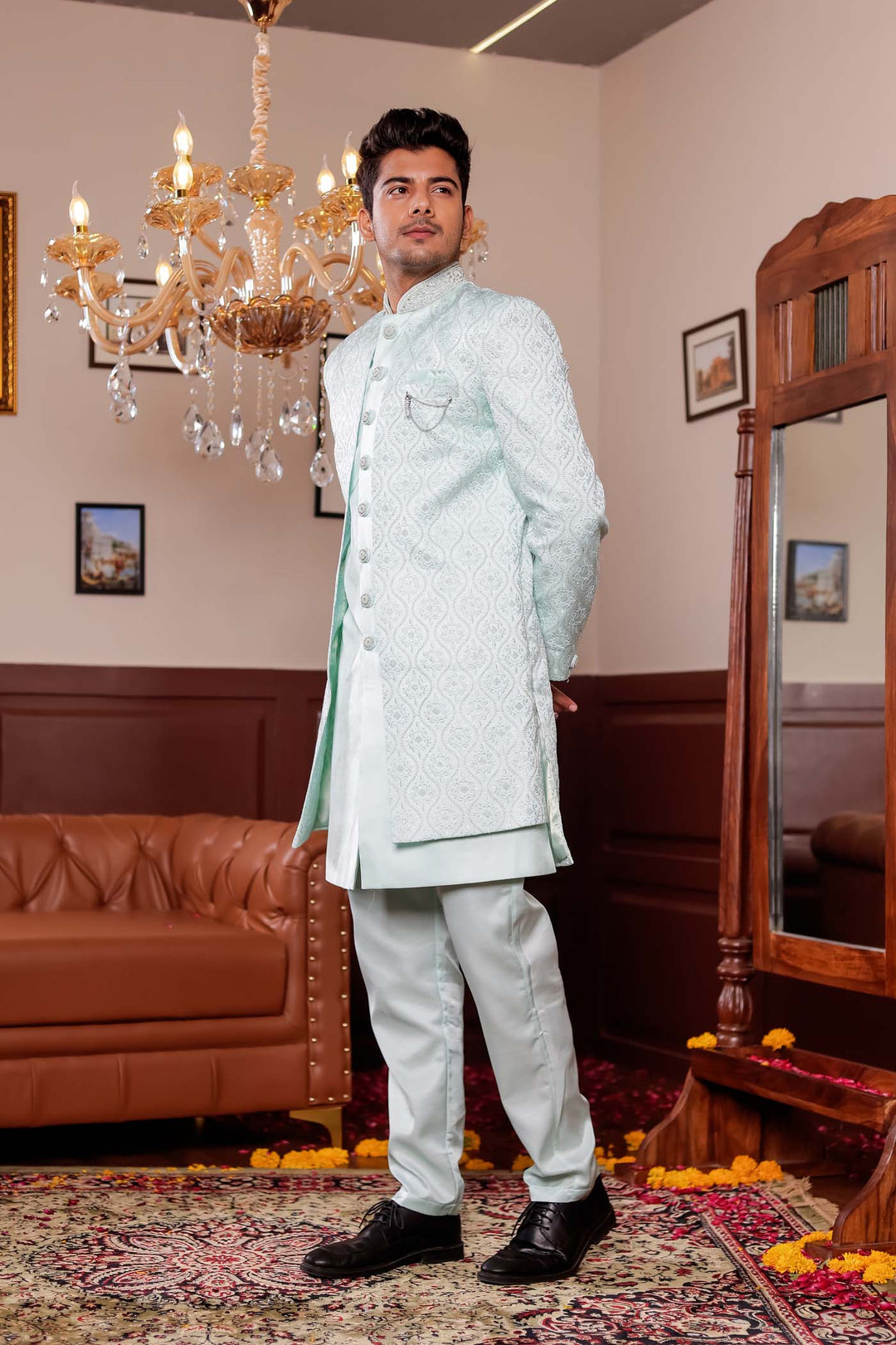 Light Blue Jacket Style Indo-western suit with resham thread Embroidery