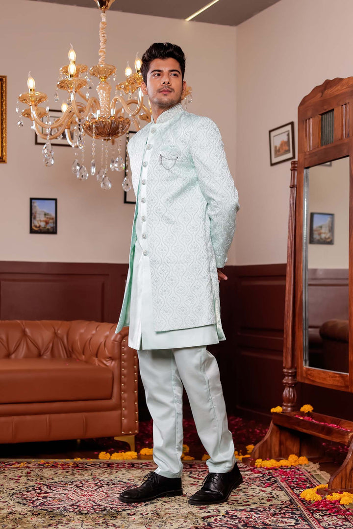 Light Blue Jacket Style Indo-western suit with resham thread Embroidery