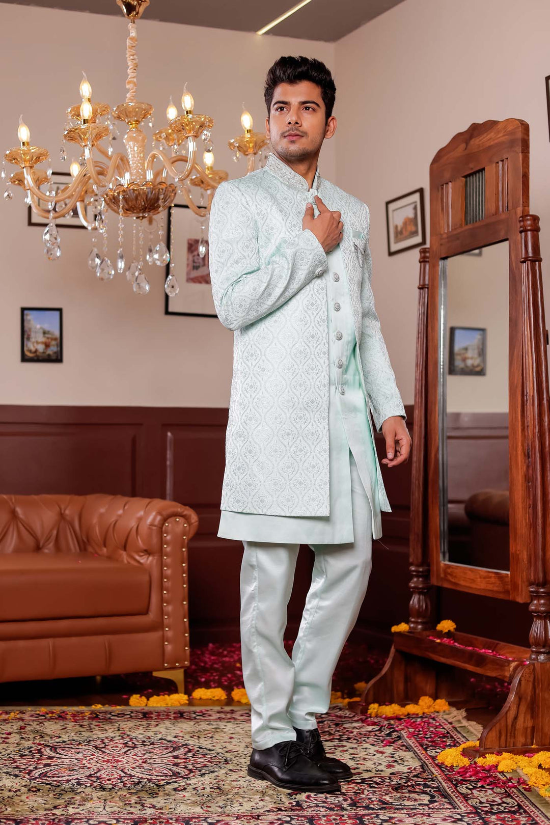 Light Blue Jacket Style Indo-western suit with resham thread Embroidery